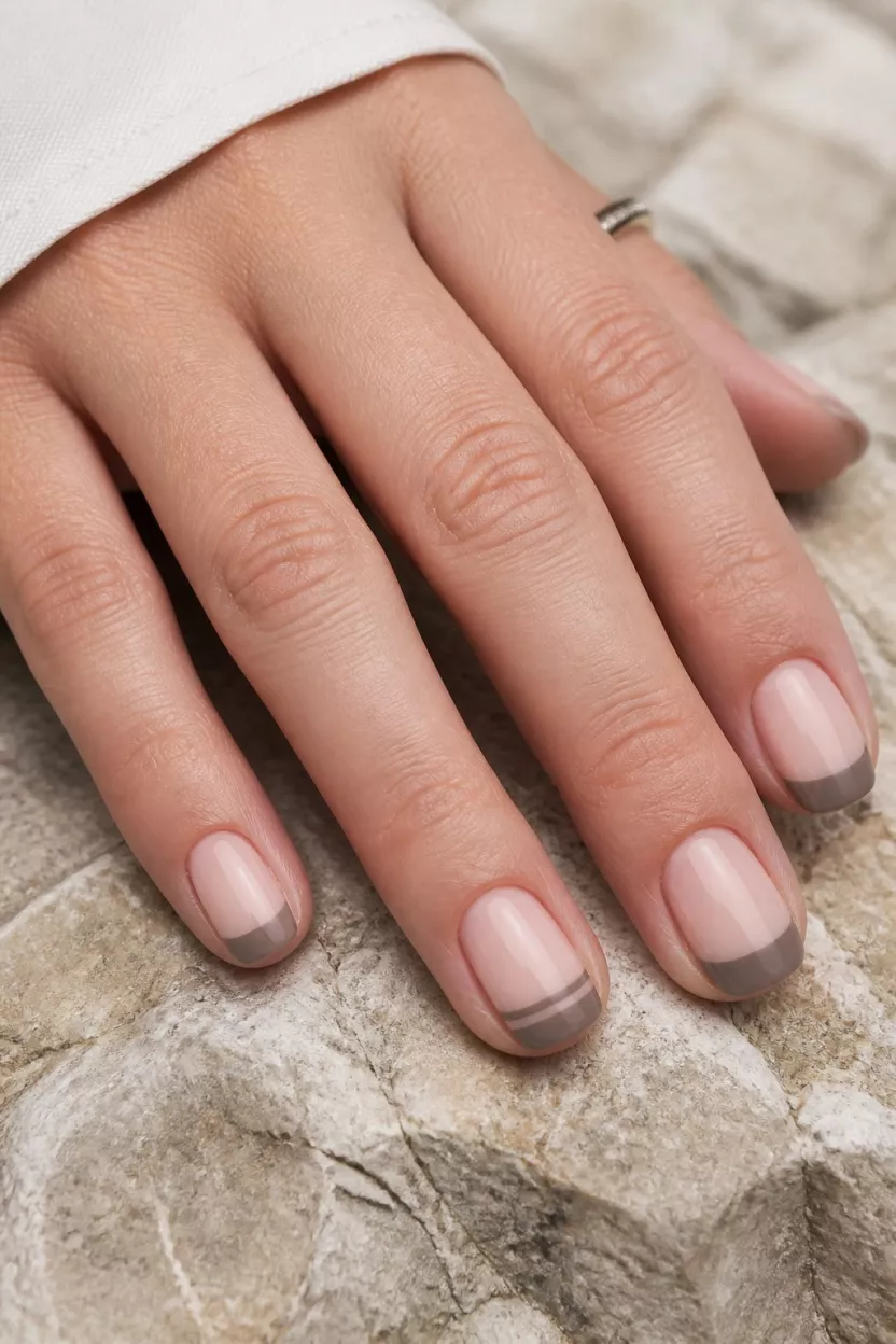 close-up shot of a woman’s hand with five fingers showing short, natural-shaped nails with a neutral base and a smoky taupe French tip, one accented with double thin lines, resting on a textured stone.