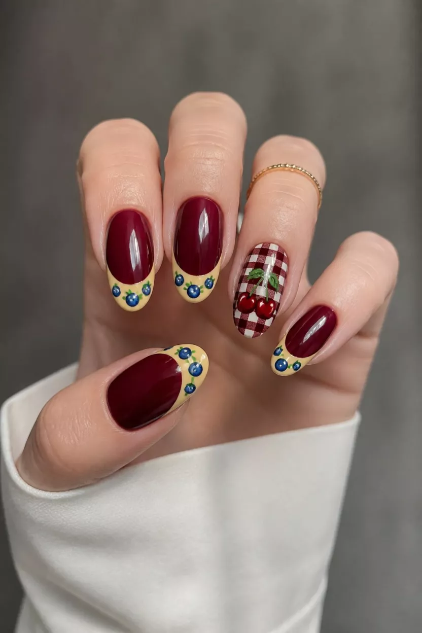 close-up shot of a woman’s hand with five fingers showing dark red nails, yellow French tips with blue blueberries, and checkered cherry designs.