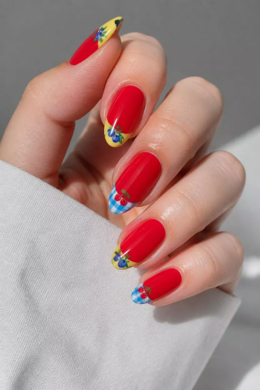 close-up shot of a woman’s hand with five fingers showing solid red nails, yellow French tips with blueberry art, and soft blue gingham cherry tips.