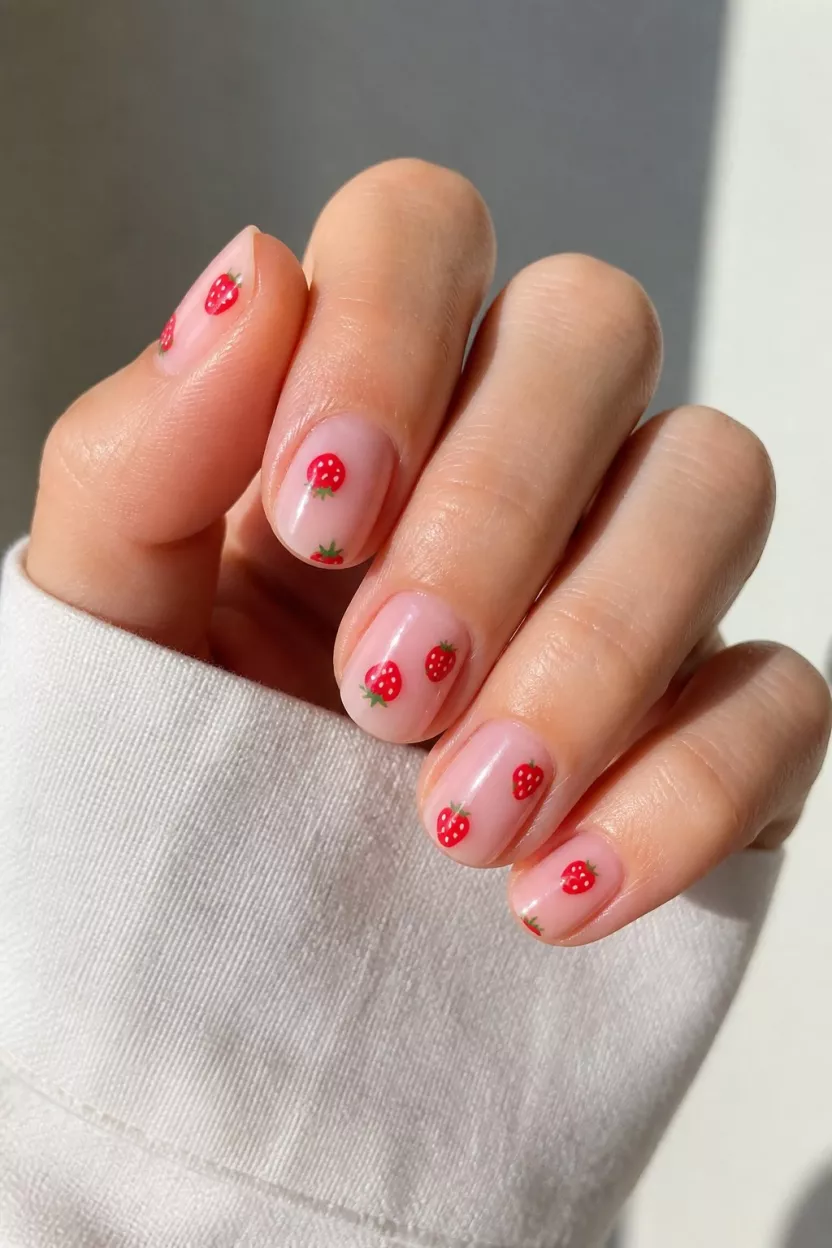 close-up shot of a woman’s hand with five fingers showing short, rounded nails with a sheer pink base featuring small, vibrant red strawberry decals.
