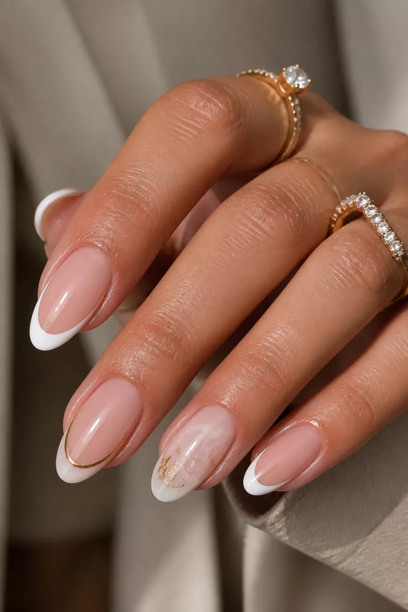 close-up shot of a woman’s hand with five fingers showing a montage of classic French manicure variations: crisp white tips, gold-outlined tips, and sheer milky designs, seen with jewelry.