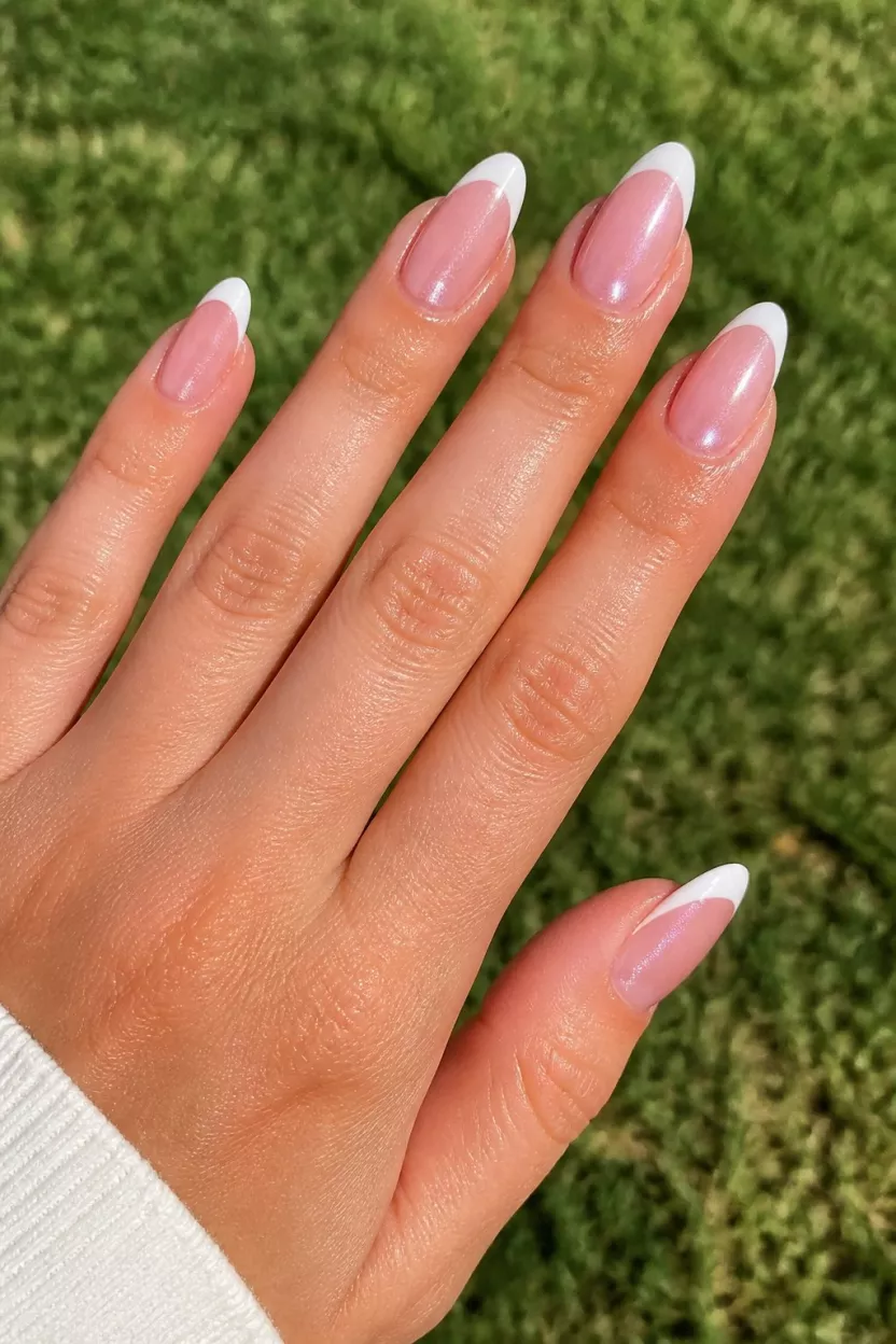 close-up shot of a woman’s hand with five fingers showing long, almond-shaped nails featuring a pearlescent pink base with defined white French tips, glistening in bright outdoor sunlight over grass.