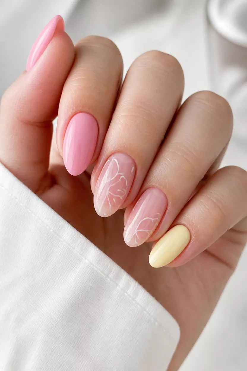 close-up shot of a woman’s hand with five fingers showing medium almond nails in solid soft pink and pale yellow, with sheer pink nails featuring a subtle white outline of a flowering petal.