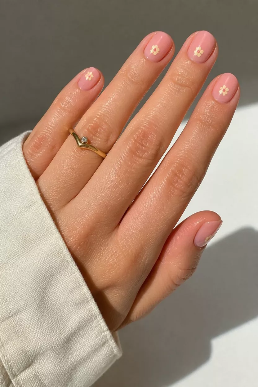 close-up shot of a woman’s hand with five fingers showing short, rounded nails with a sheer pink base and a single small yellow flower decal near the tip, worn with a gold ring.
