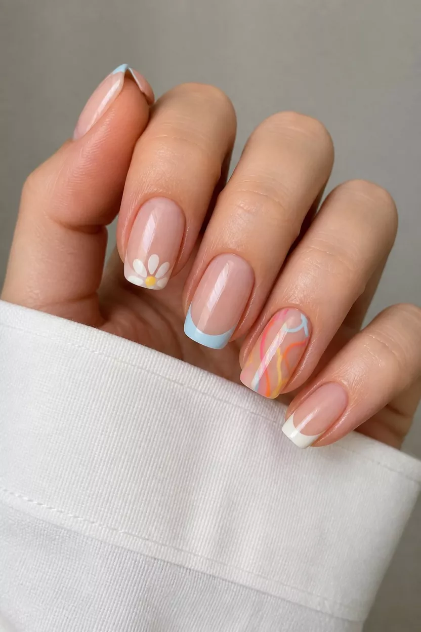 close-up shot of a woman’s hand with five fingers showing daisy French tips, light blue minimalist French tips, and abstract colorful line art.