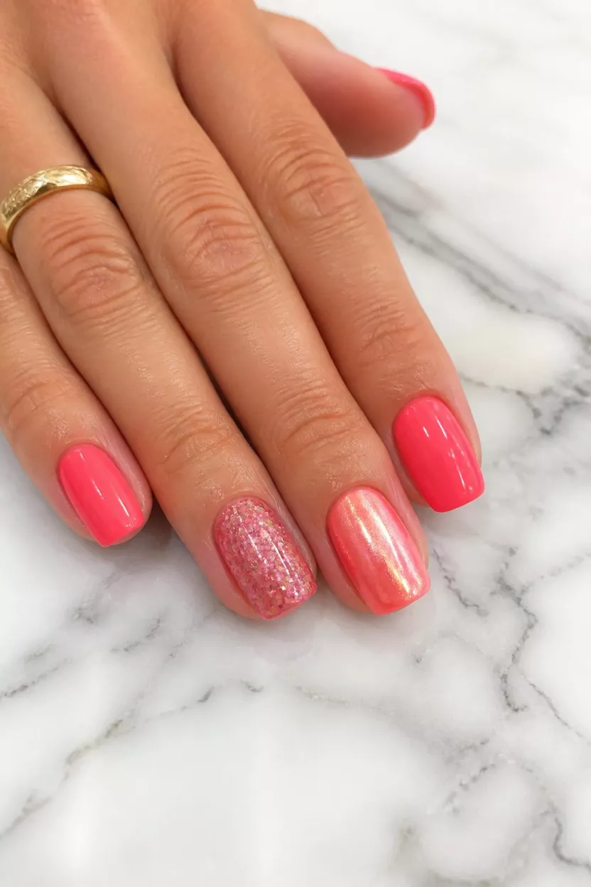 close-up shot of a woman’s hand with five fingers showing squoval nails painted bright coral pink; one accent nail has chunky glitter, another a shimmer chrome finish, on a marbled white surface.