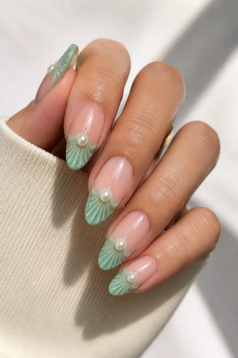 close-up shot of a woman’s hand with five fingers showing medium almond nails featuring a sheer base with seafoam green, shell-like wavy tips, each with a pearl.