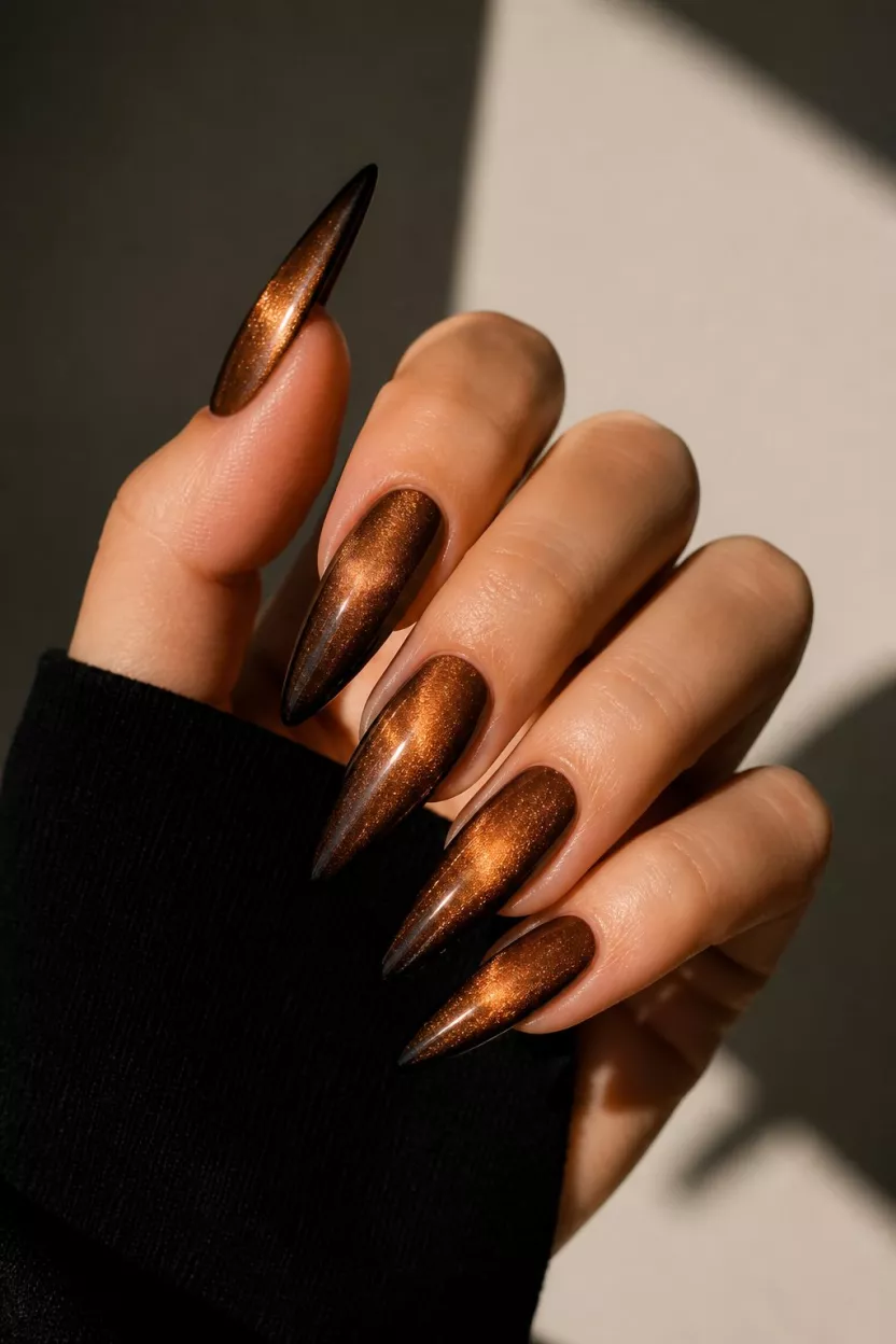 close-up shot of a woman’s hand with five fingers showing long, stiletto-shaped nails featuring a metallic, magnetic cat-eye effect in copper/bronze, tipped with a dark color, indoors with shadows.