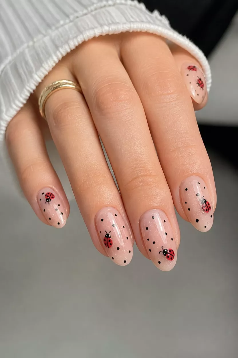 close-up shot of a woman’s hand with five fingers showing medium oval nails with a translucent sheer base and subtle sparkling effect, featuring scattered black dots and painted ladybug designs.
