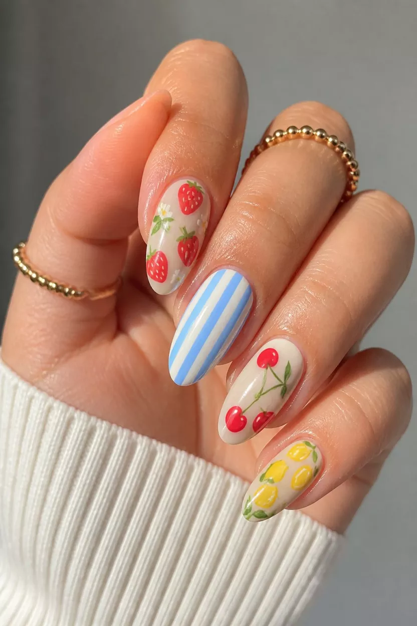close-up shot of a woman’s hand with five fingers showing almond nails featuring a mix of fruit designs like strawberries, cherries, and lemons, plus blue and white stripes, over a natural skin tone.
