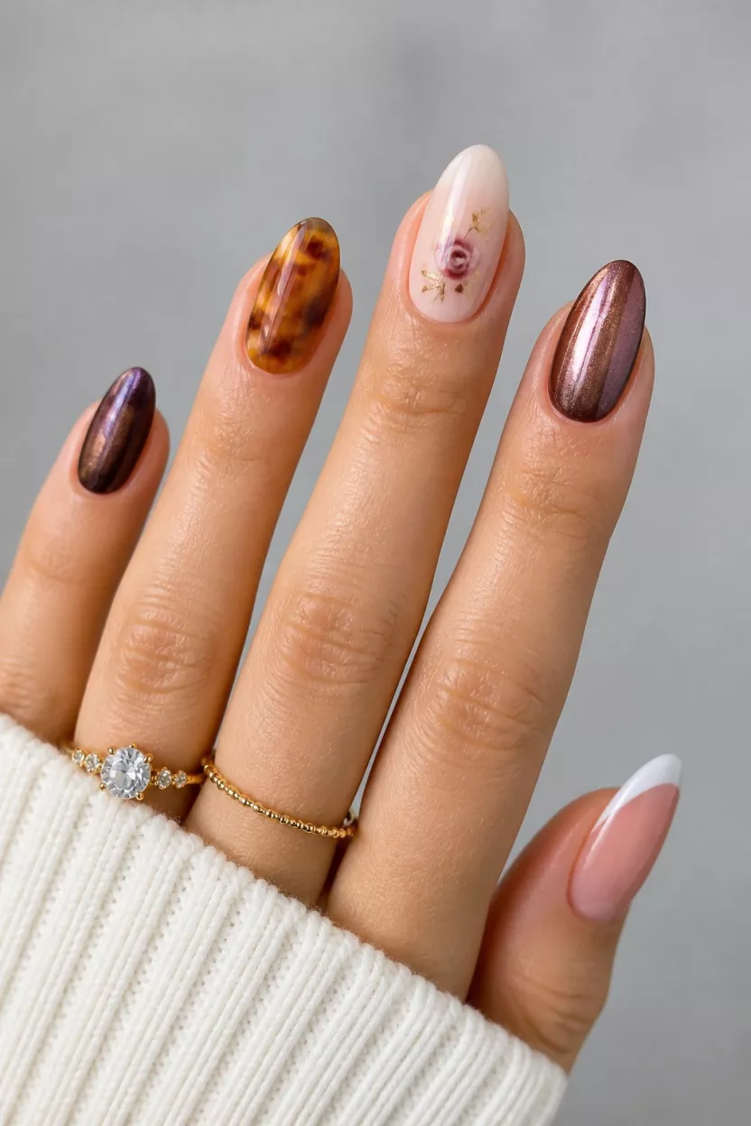 close-up shot of a woman’s hand with five fingers showing diverse nail aesthetics: shimmering brown/purple chromes, marbled amber, tiny rose art, and classic pink French.