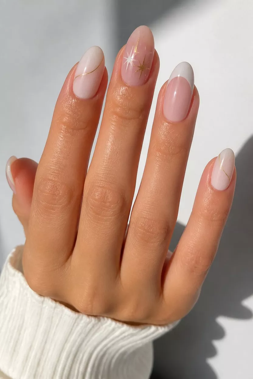 close-up shot of a woman’s hand with five fingers showing various white nail designs: French tips, thin gold lines, and subtle star patterns, set against different light backgrounds.
