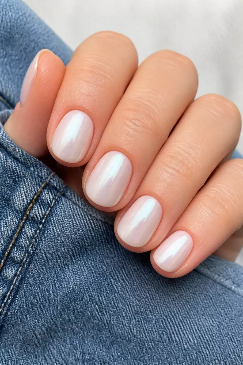 close-up shot of a woman’s hand with five fingers showing short, oval nails with a soft, milky white iridescent finish, resting casually on blue denim fabric.