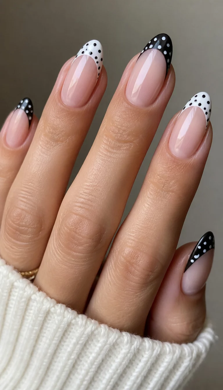 close-up shot of a woman’s hand with five fingers showing long, almond-shaped nails with a french tip design featuring a black and white polka dot pattern on a sheer base.
