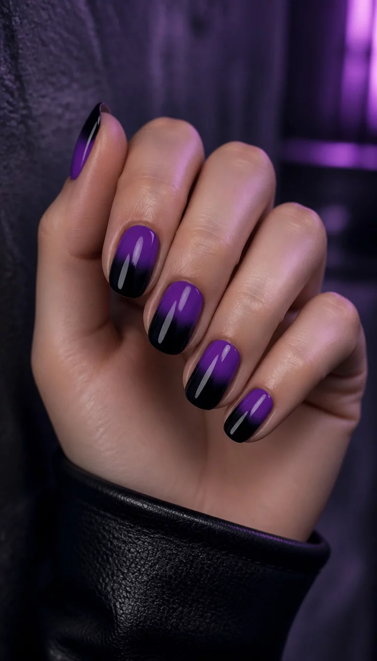 close-up shot of a woman’s hand with five fingers showing short, oval nails with a striking purple to black ombre gradient, cool edgy background.