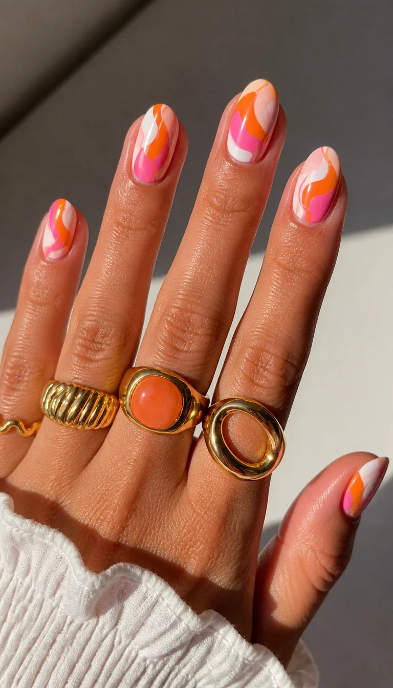 close-up shot of a woman’s hand with five fingers showing oval nails adorned with abstract patterns in orange, pink, and white, bold rings on fingers.