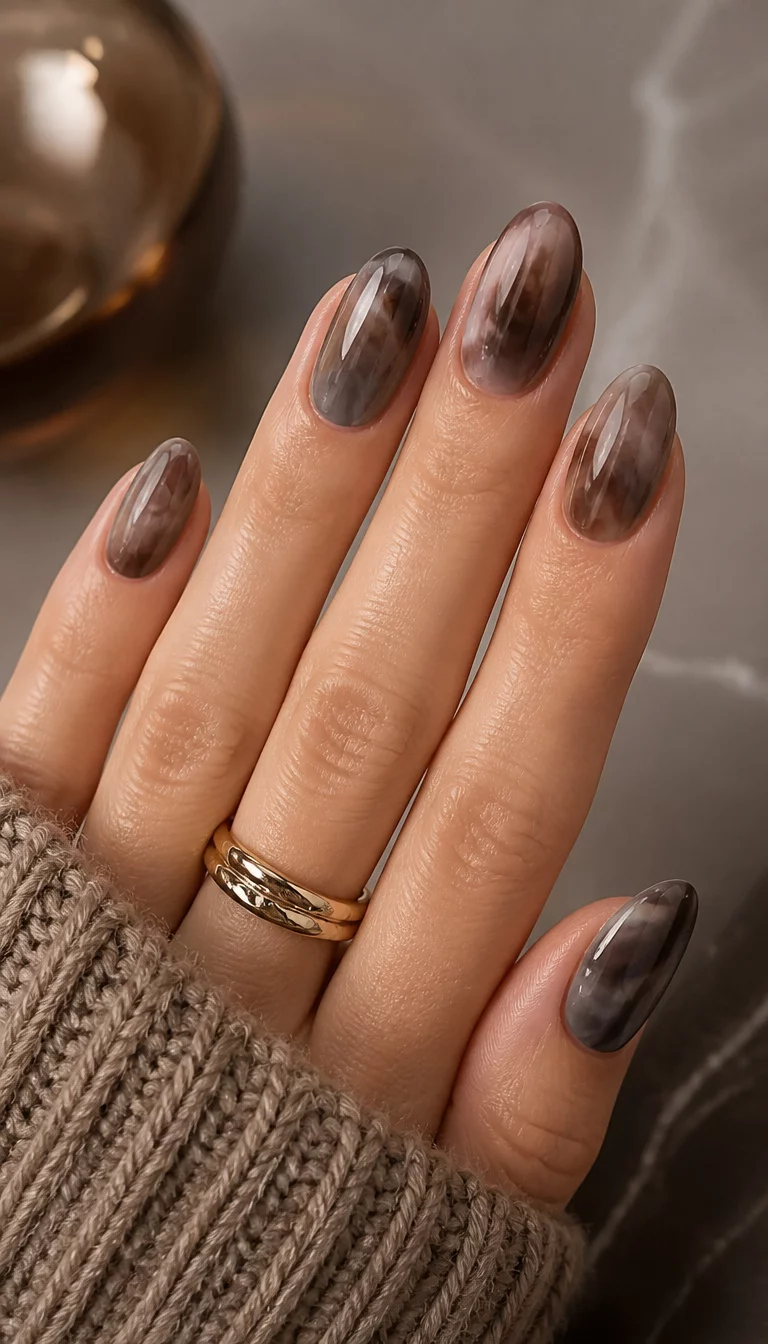 close-up shot of a woman’s hand with five fingers showing oval-shaped nails with a glossy, marbled effect in shades of brown and grey, sophisticated aesthetic background.