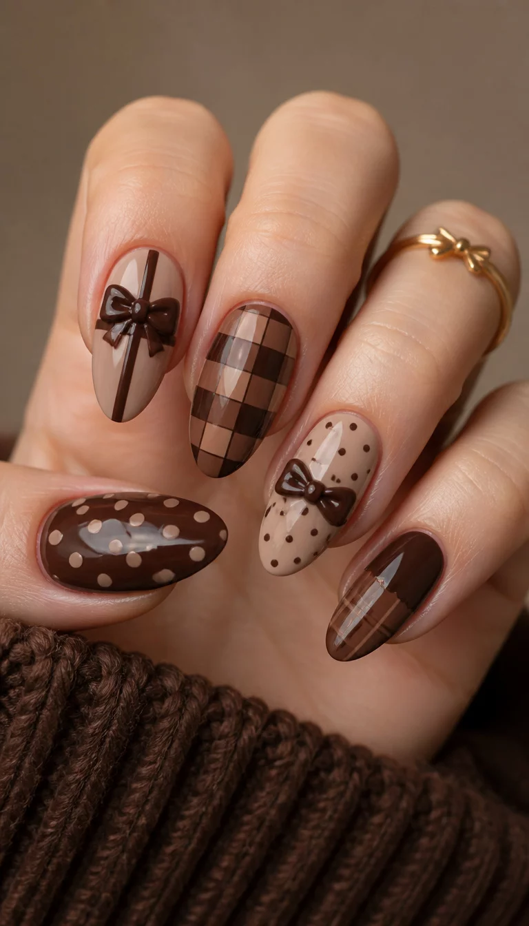 close-up shot of a woman’s hand with five fingers showing almond-shaped nails featuring a chocolate-themed design with bows, checks, and polka dots in brown hues.