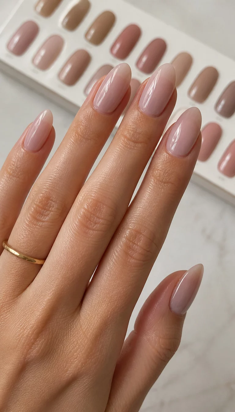 close-up shot of a woman’s hand with five fingers showing almond-shaped nails with a sheer, neutral pinkish-beige polish, nail polish palette in the background.