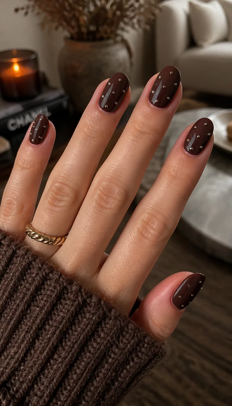 close-up shot of a woman’s hand with five fingers showing oval-shaped nails with a deep brown polish adorned with small silver studs, cozy chic indoor setting in the background.