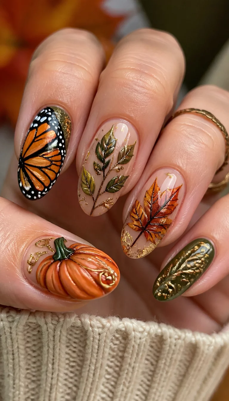 close-up shot of a woman’s hand with five fingers showing an assortment of creatively designed nails, including butterfly wings, leaves, and pumpkin motifs.
