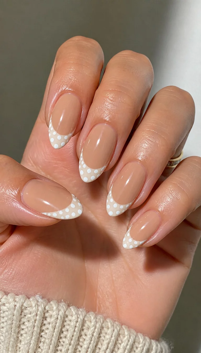 close-up shot of a woman’s hand with five fingers showing almond-shaped nails with a french tip design featuring a white polka dot pattern on a tan base.