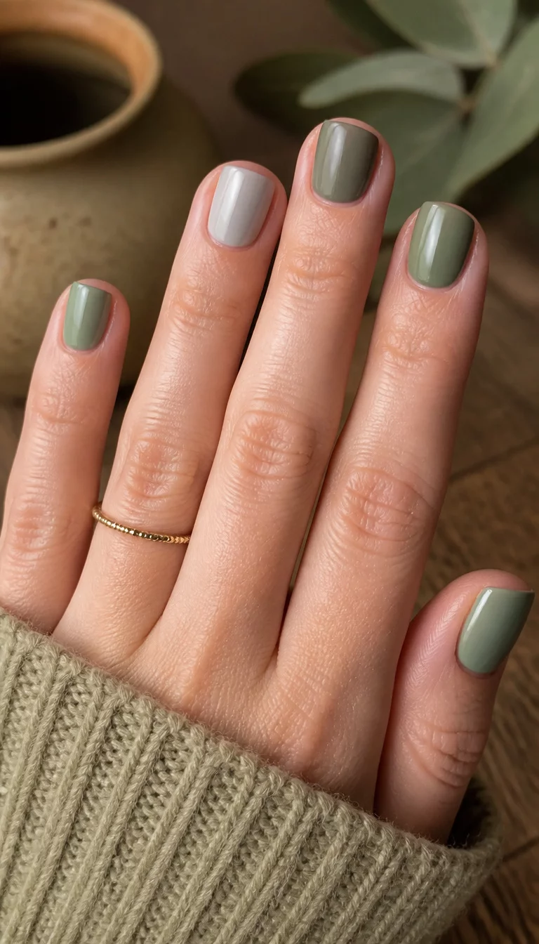 close-up shot of a woman’s hand with five fingers showing short, square nails with a sophisticated color palette of sage green and grey polish, earthy tones background.