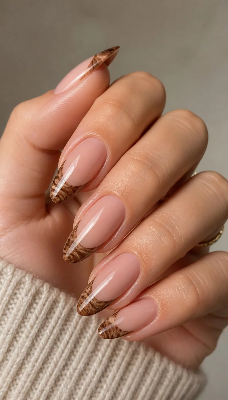 close-up shot of a woman’s hand with five fingers showing long, almond-shaped nails with a french tip design featuring a marbled, wood-grain inspired pattern in brown tones.