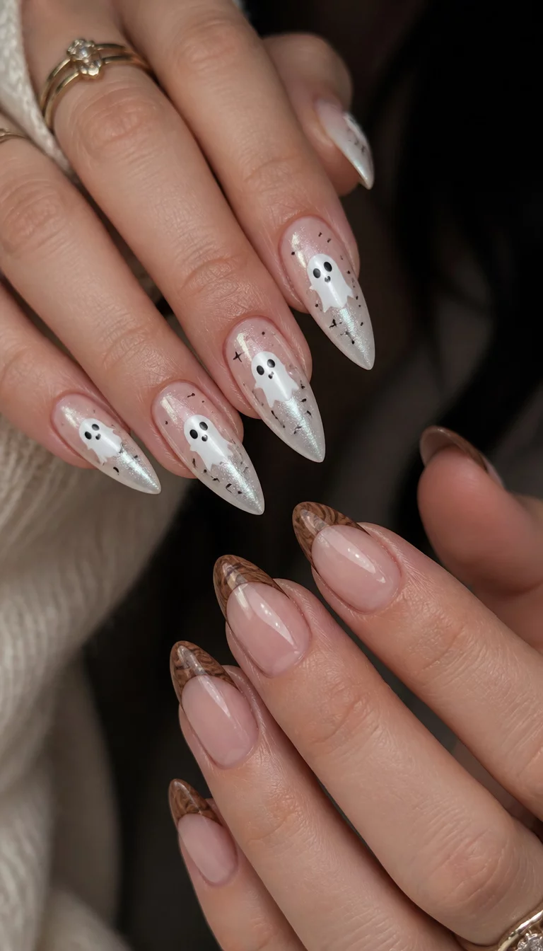 close-up shot of two hands: one with pearlescent pointed nails and playful ghost designs, the other with wood-grain french tips.