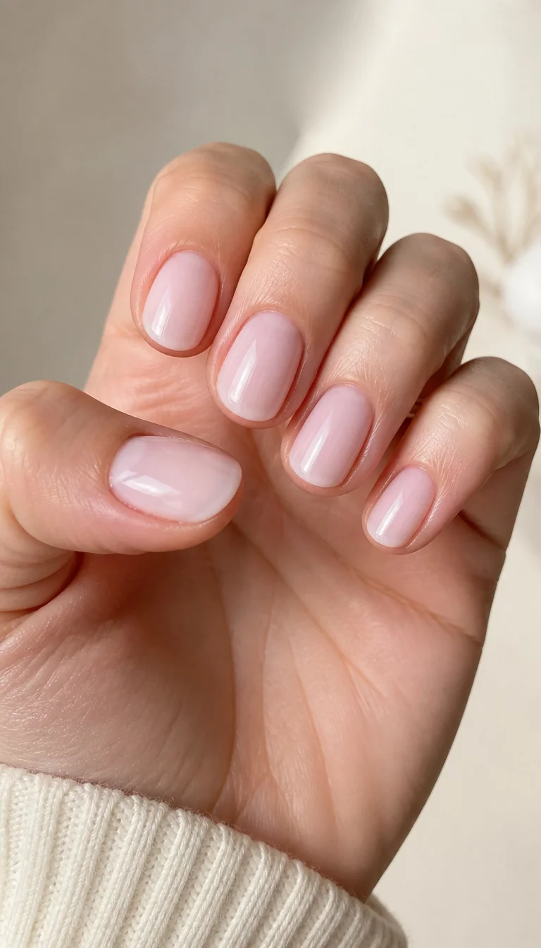 close-up shot of a woman’s hand with five fingers showing short, oval nails with a sheer, milky pink polish, clean and natural aesthetic background.