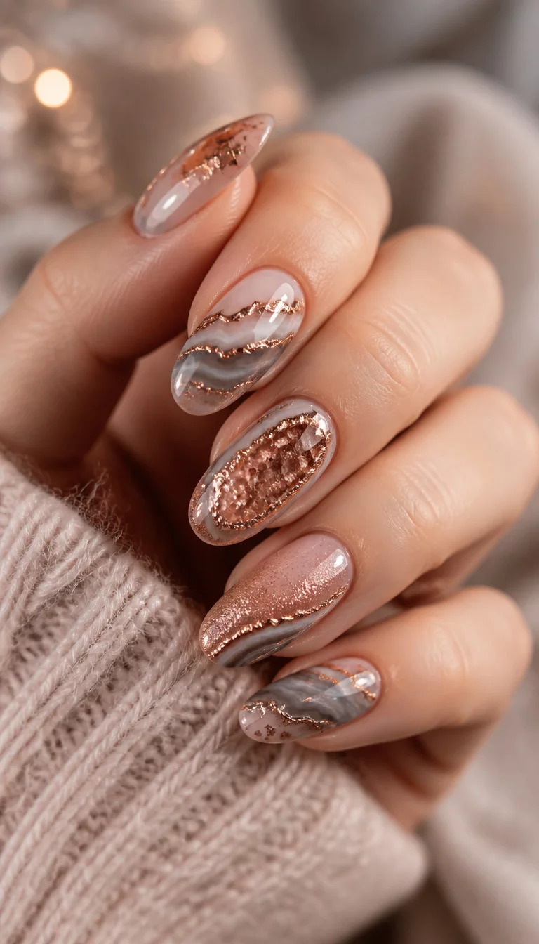 close-up shot of a woman’s hand with five fingers showing almond-shaped nails with a luxurious geode and glitter design in shades of rose gold and grey, soft focused background.
