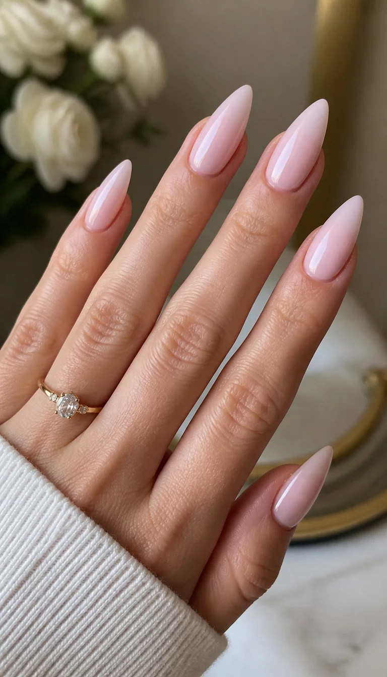 close-up shot of a woman’s hand with five fingers showing long, stiletto-shaped nails with a sheer, milky light pink gel polish, elegant background.