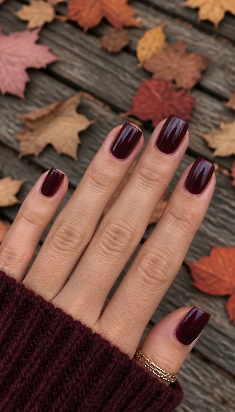 close-up shot of a woman’s hand with five fingers showing square nails with a deep burgundy polish, fallen autumn leaves and wooden planks in the background.