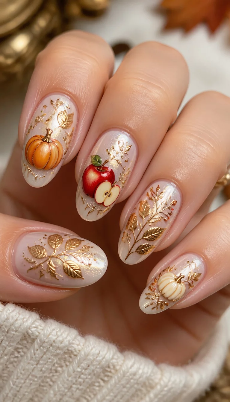 close-up shot of a woman’s hand with five fingers showing nails with intricate fall designs including pumpkins, apples, and gold foliage on an elegant, pearlescent base.