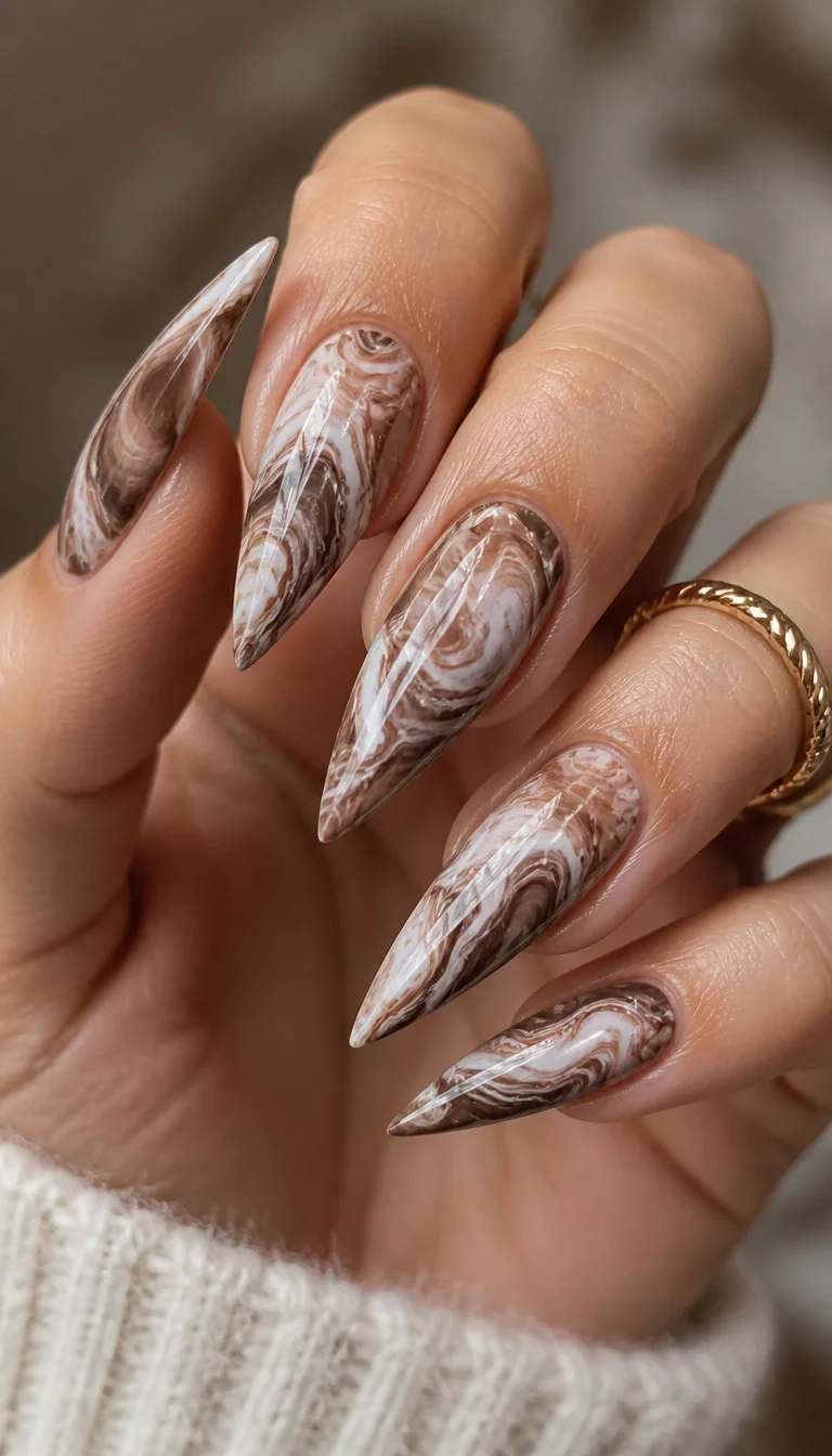 close-up shot of a woman’s hand with five fingers showing sharp, stiletto-shaped nails with a marble-like design in swirling shades of brown and white.