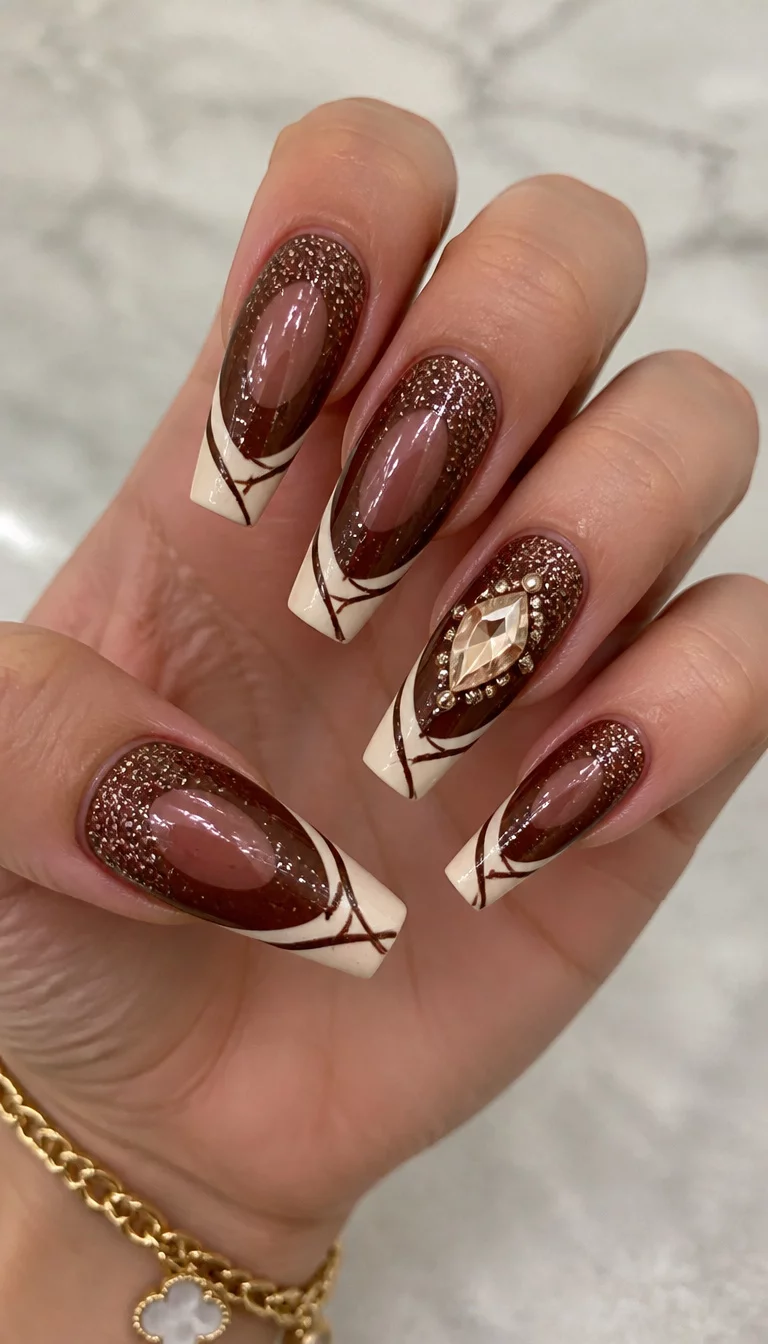 Brown Stripes And Large Gems close-up shot of a woman’s hand with five fingers showing long coffin nails with a brown base, glitter accents, and a French tip with stripe details and a large gem, light neutral surface background.