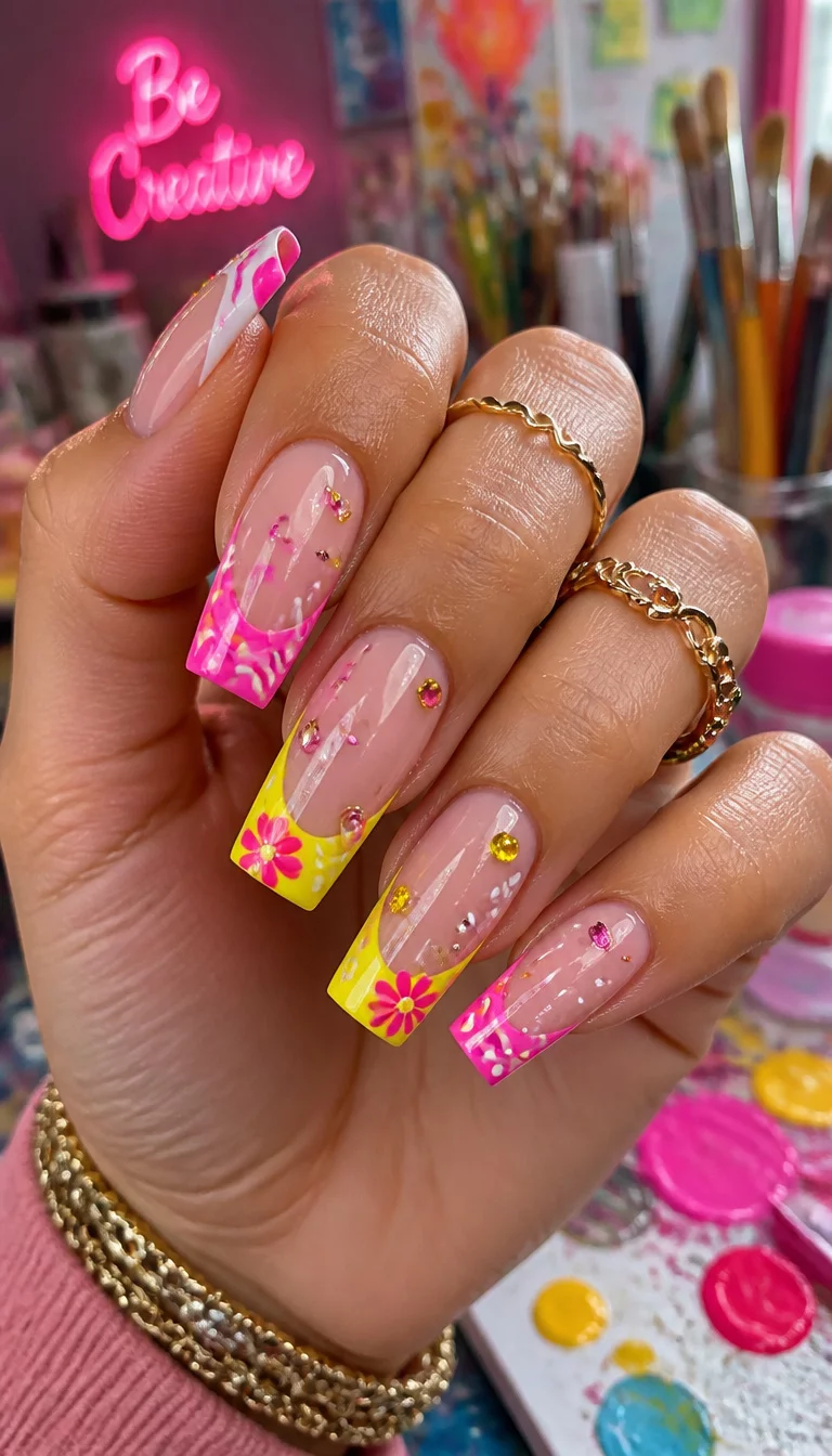 Abstract Floral Square Tips close-up shot of a woman’s hand with five fingers showing long square nails with French tips in bold pink and yellow, decorated with abstract patterns, flowers, and gems, colorful art studio background.