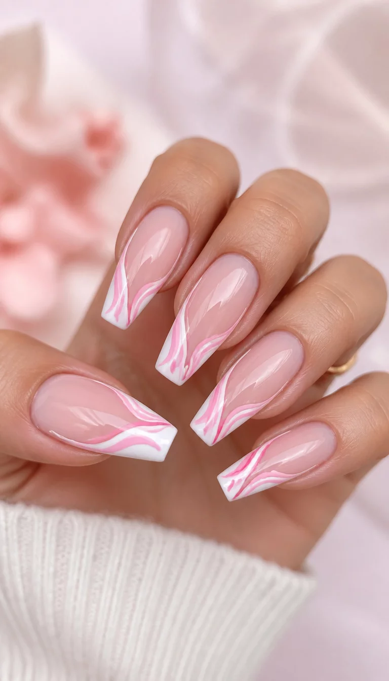 Pink Swirl French Tips close-up shot of a woman’s hand with five fingers showing long coffin nails with a French tip design featuring swirling patterns in shades of pink and white, soft airy background.