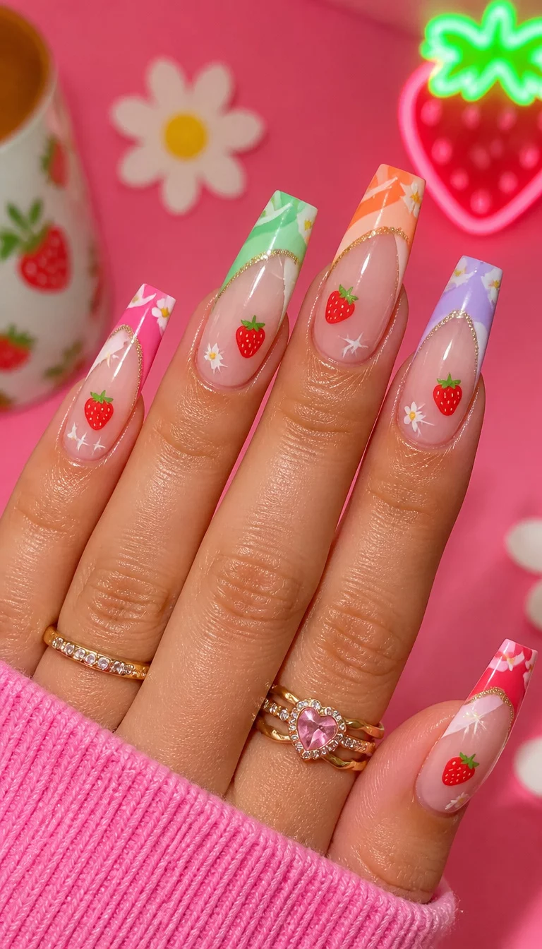 Playful Shimmering Decals close-up shot of a woman’s hand with five fingers showing coffin nails with strawberry decals and abstract colorful French tips with shimmering accents, bright playful background.