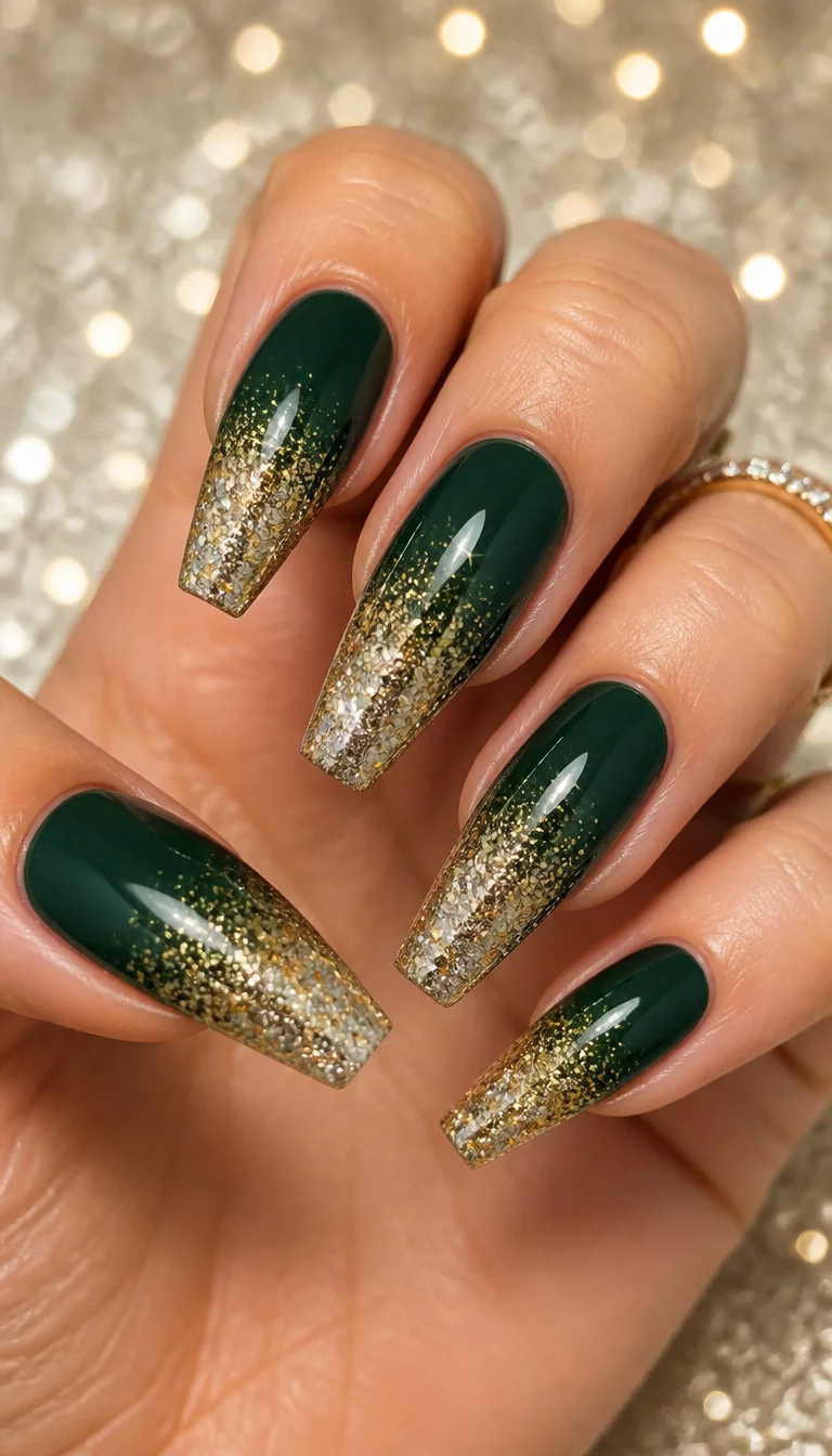Emerald Gold Ombre close-up shot of a woman’s hand with five fingers showing long coffin nails with a deep green base transitioning to a gold glitter ombre effect at the tips, sparkling light background.