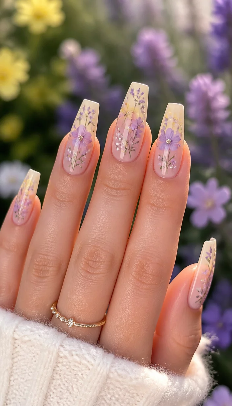 Pastel Floral Transitions close-up shot of a woman’s hand with five fingers showing long coffin nails with a sheer neutral glaze base adorned with delicate floral designs in pastel yellow and purple shades, soft garden background.