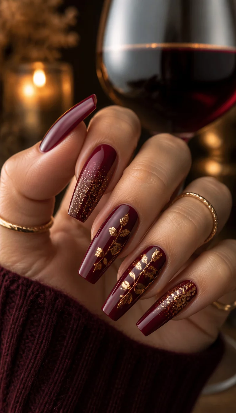 Burgundy And Gold Leaf close-up shot of a woman’s hand with five fingers showing long coffin nails in a deep burgundy color with gold glitter accents and gold leaf designs, glass of red wine background.
