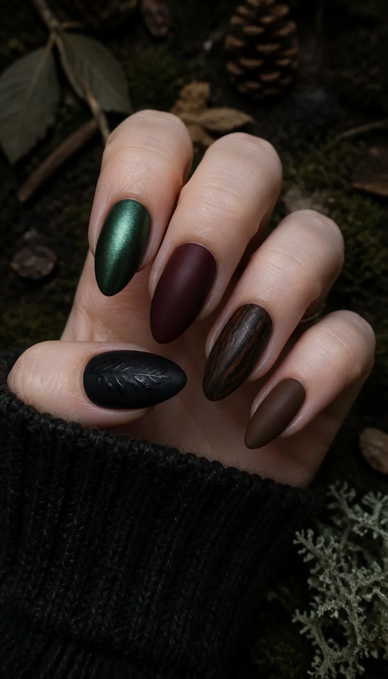 close-up shot of a woman’s hand with five fingers showing almond nails in a dark moody color palette of matte black, metallic green, deep burgundy, and brown shades, forest floor background.