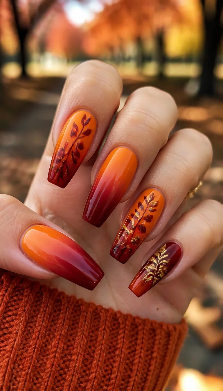 Late Autumn Gradient Leaves close-up shot of a woman’s hand with five fingers showing coffin nails with a warm gradient of orange and deep red, with painted leaf designs on several nails, blurred autumn park background.