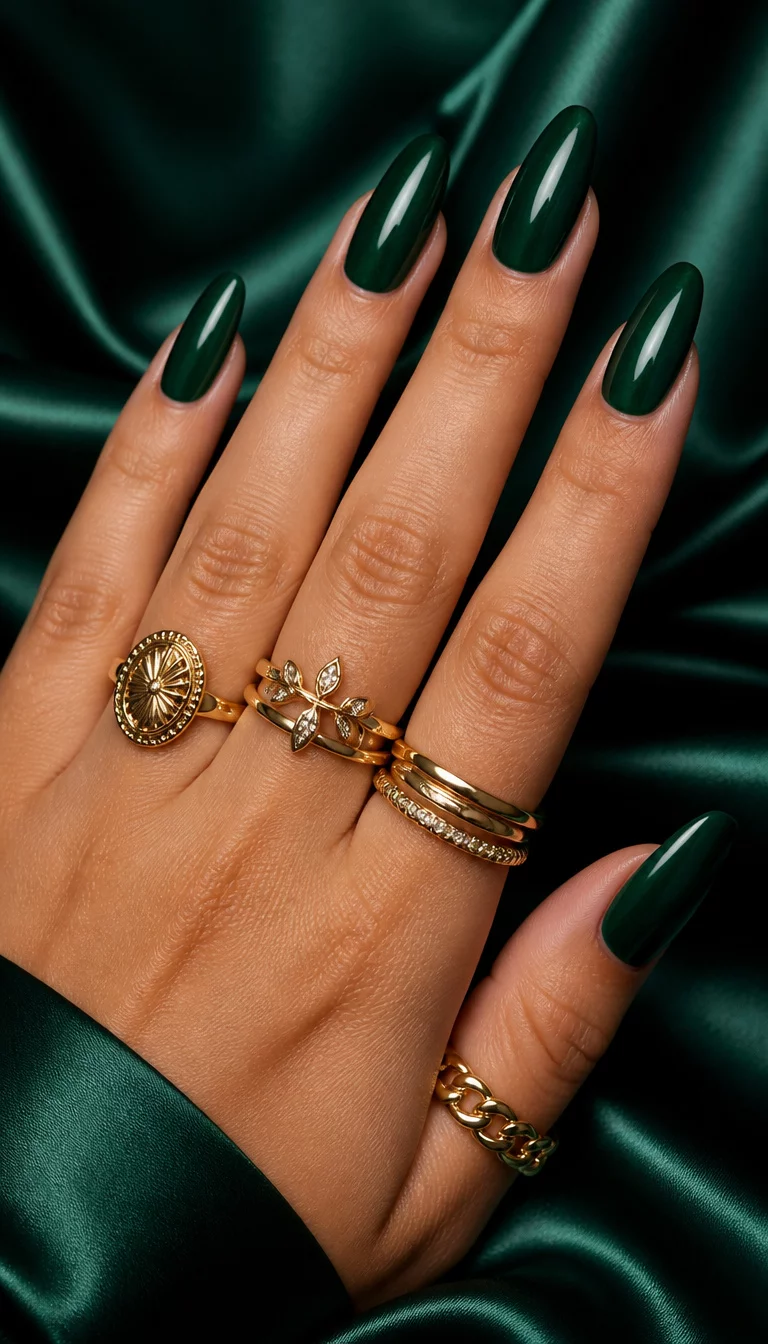 close-up shot of a woman’s hand with five fingers showing long tapered nails in a deep rich emerald green color, wearing multiple gold rings, silk background.