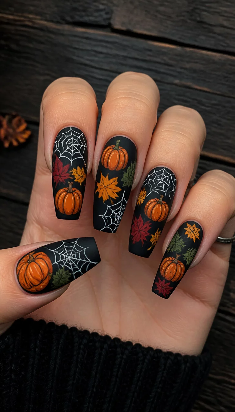 Matte Halloween Whimsy close-up shot of a woman’s hand with five fingers showing coffin nails featuring a matte black base with orange pumpkins, white spiderwebs, and colorful fall leaves, dark wooden background.
