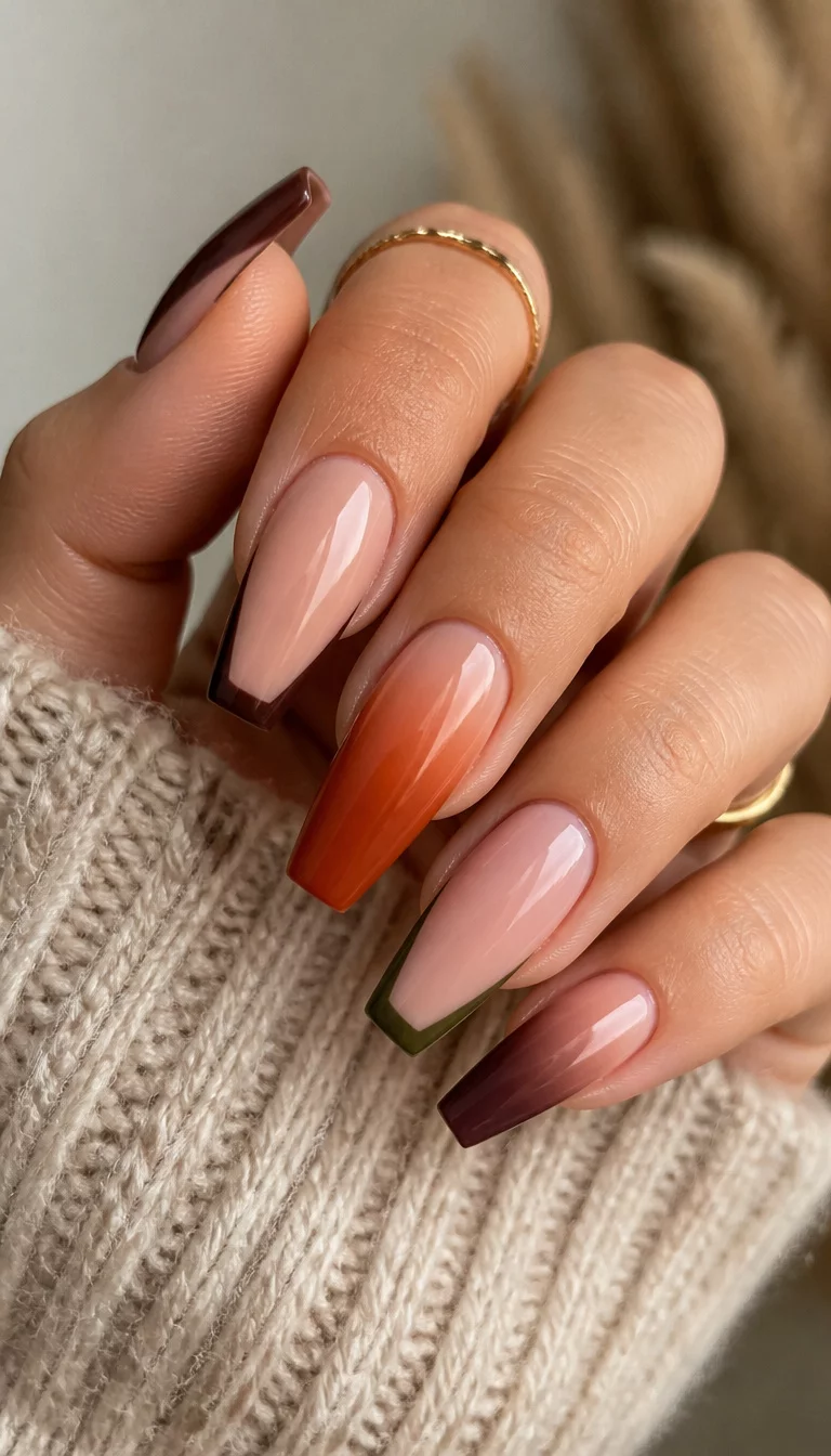 The 2025 Seasonal Preview close-up shot of a woman’s hand with five fingers showing coffin nails with a mix of subtle autumnal gradients and modern French tips in earthy tones, cozy sweater sleeve background.