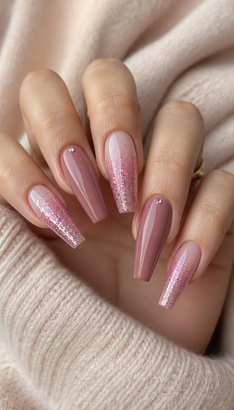 Dusty Rose Sparkle close-up shot of a woman’s hand with five fingers showing long coffin nails with some pink glitter ombre and others in solid dusty rose with a small gem, soft cashmere background.