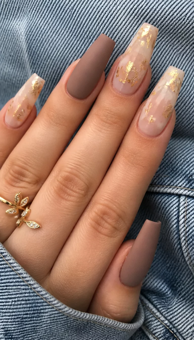 Matte Brown And Gold Leaf close-up shot of a woman’s hand with five fingers showing long light coffin brown matte nails and sheer nails with gold leaf accents, denim fabric background.