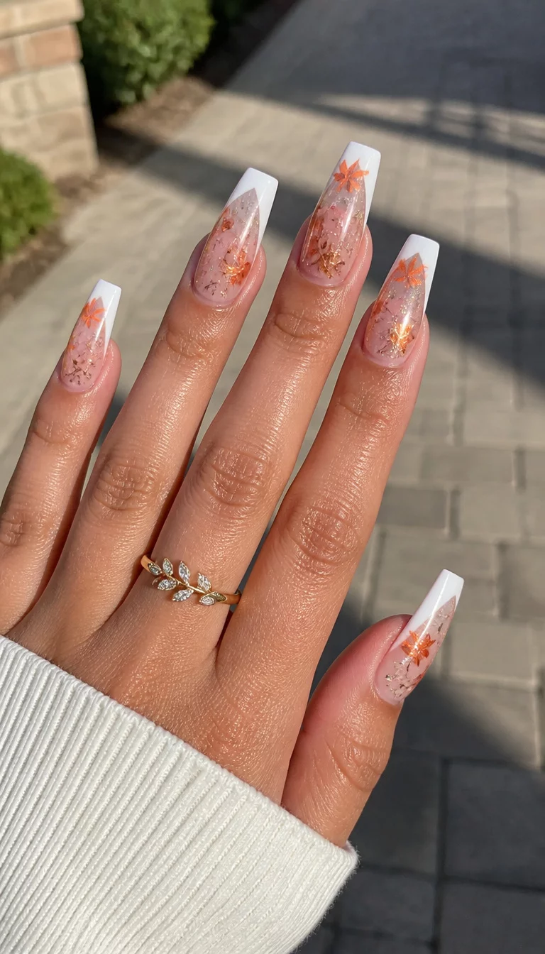 Autumnal Leaves And Glitter Tips close-up shot of a woman’s hand with five fingers showing long coffin nails with a French tip and a sheer design featuring orange leaf embellishments and fine glitter, outdoor paved area background.